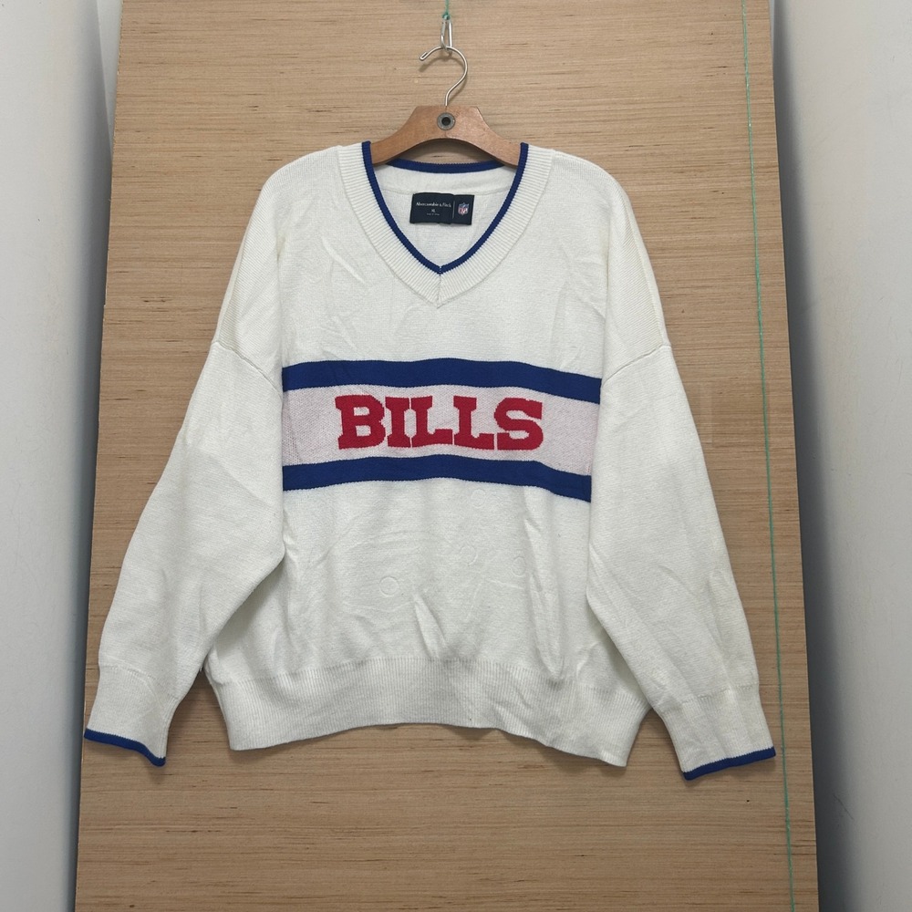 Abercrombie & Fitch NFL Buffalo Bills V-Neck Knit Sweater Cream Mens XL